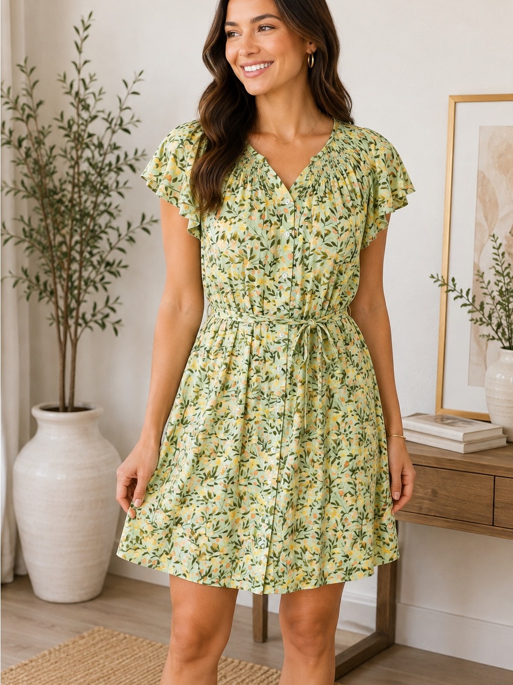 Floral Tie-Waist V-Neck Summer Dress - Yellow Green
